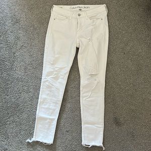 Calvin Klein ankle skinny distressed white jeans